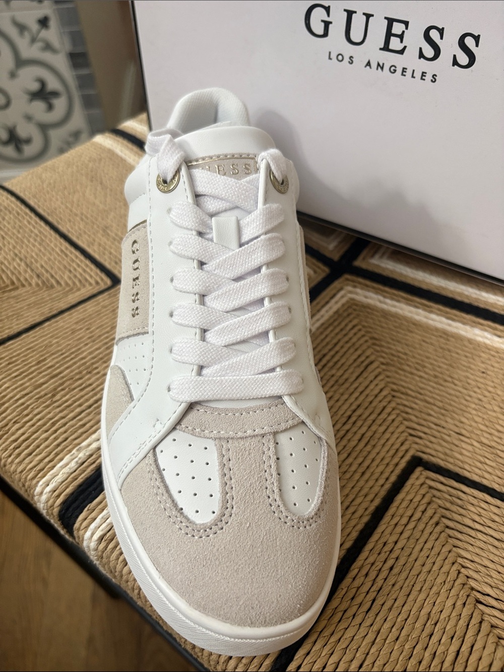 Guess White and Beige Suede Low-Top Sneakers - Picture 2 of 5